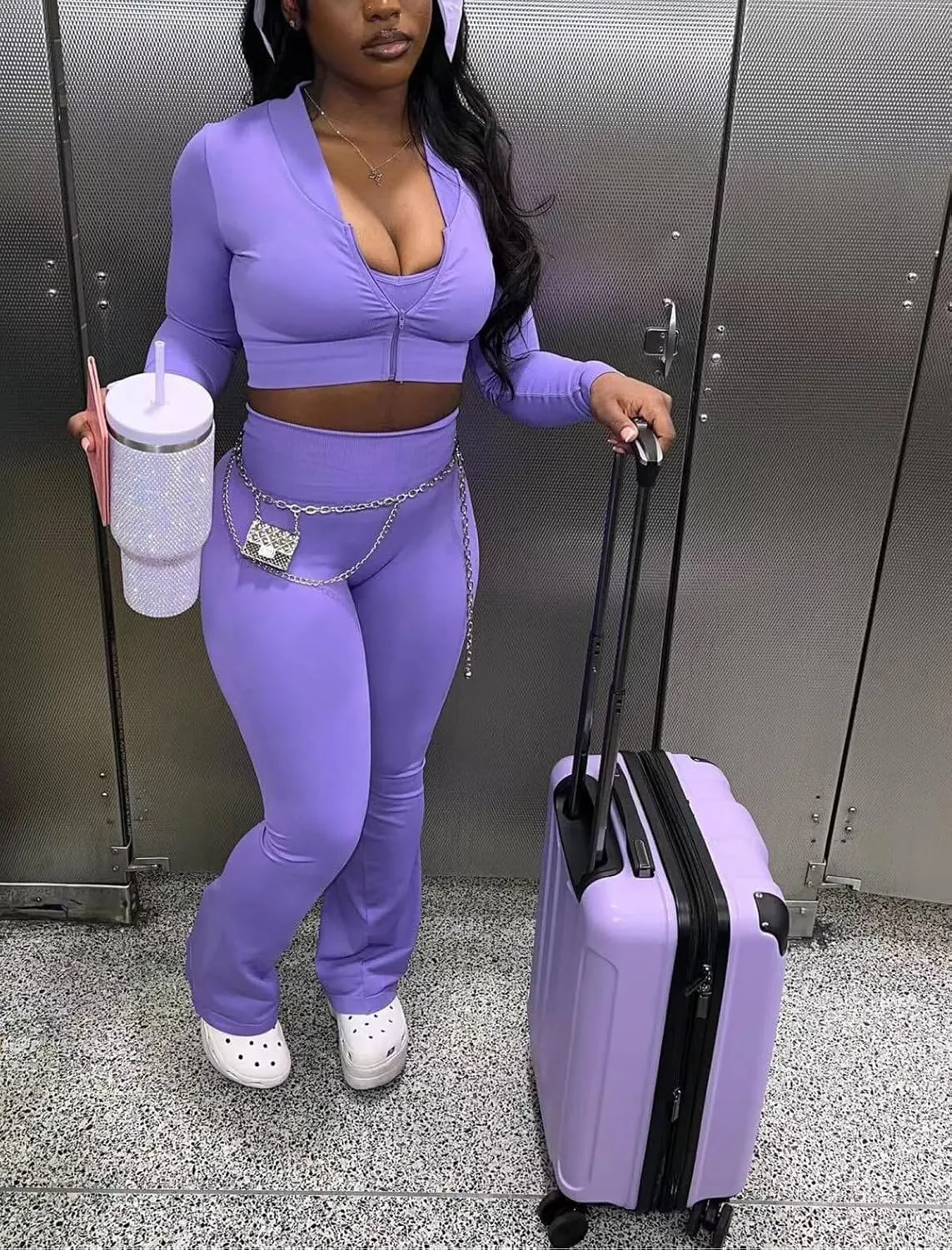 Mintsnow Women 3 Piece Sweatsuit Outfits Sets Long Sleeve Zipper Jacket Crop Tops and Long Flare Pants Set Workout Tracksuit