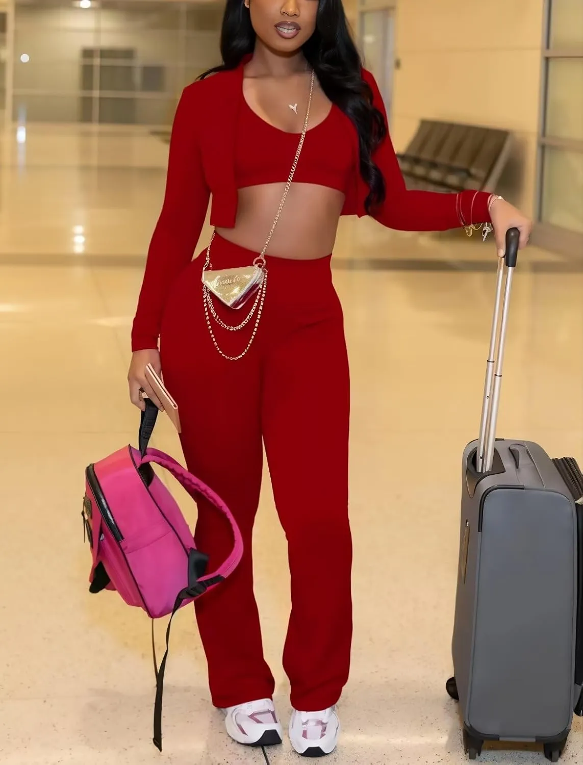 Mintsnow Women 3 Piece Sweatsuit Outfits Sets Long Sleeve Zipper Jacket Crop Tops and Long Flare Pants Set Workout Tracksuit