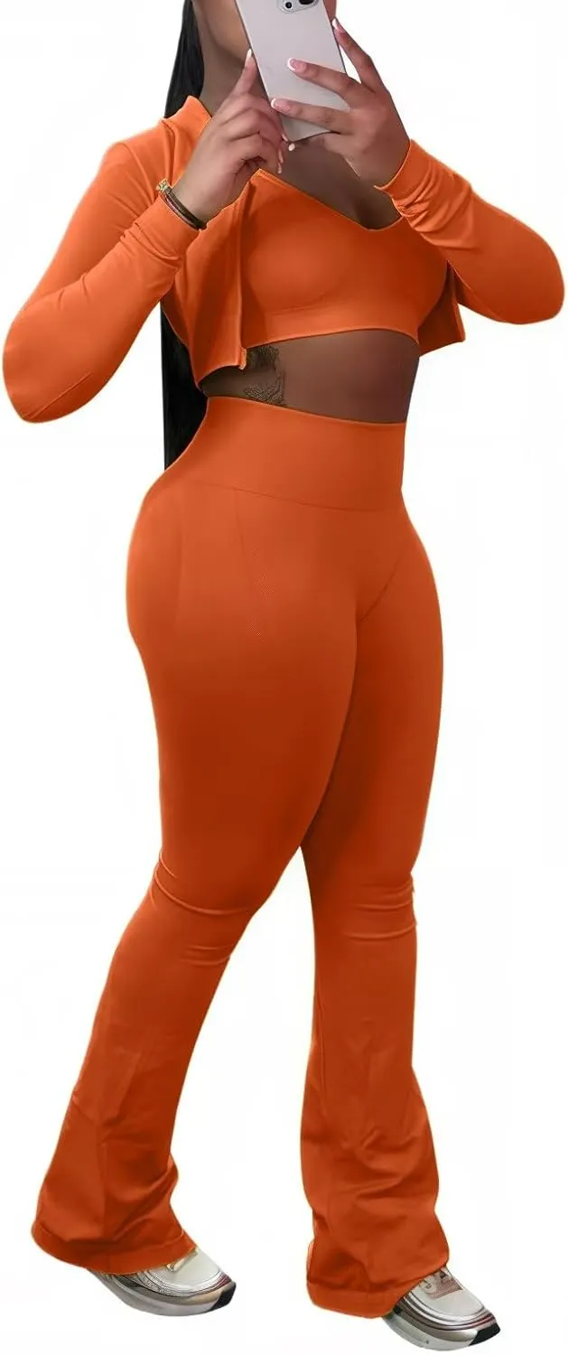 Mintsnow Women 3 Piece Sweatsuit Outfits Sets Long Sleeve Zipper Jacket Crop Tops and Long Flare Pants Set Workout Tracksuit