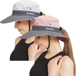NPQQUAN 2 Packs Ponytail Sun Bucket Hat for Women Men Wide Brim UPF 50  Fishing & Beach Hats