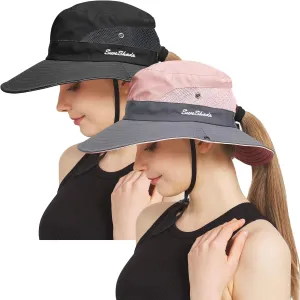 NPQQUAN 2 Packs Ponytail Sun Bucket Hat for Women Men Wide Brim UPF 50  Fishing & Beach Hats