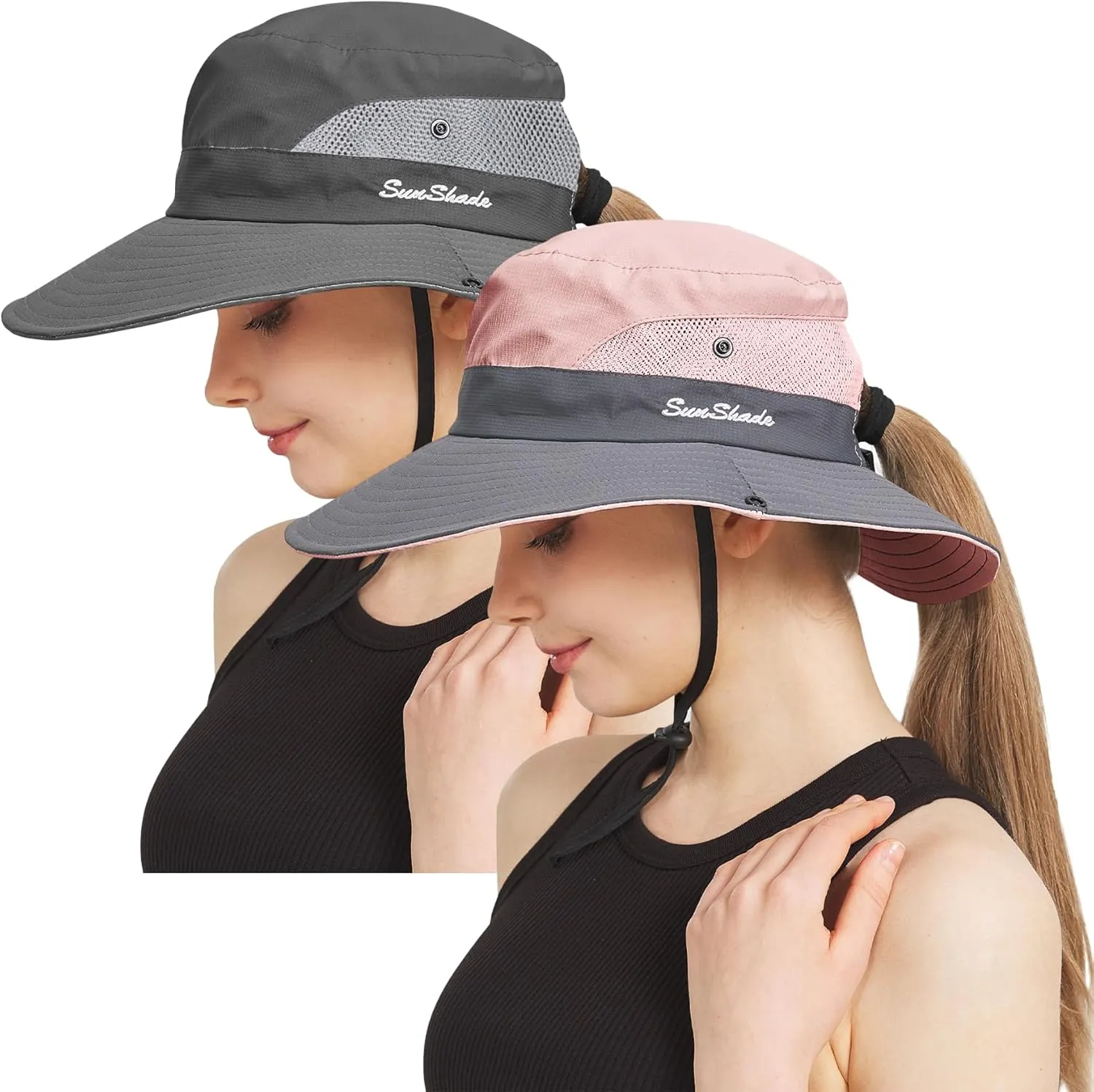 NPQQUAN 2 Packs Ponytail Sun Bucket Hat for Women Men Wide Brim UPF 50  Fishing & Beach Hats