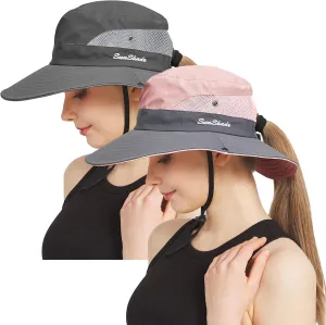 NPQQUAN 2 Packs Ponytail Sun Bucket Hat for Women Men Wide Brim UPF 50  Fishing & Beach Hats