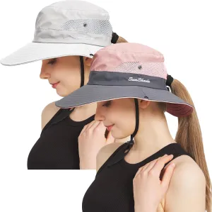 NPQQUAN 2 Packs Ponytail Sun Bucket Hat for Women Men Wide Brim UPF 50  Fishing & Beach Hats