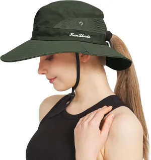 NPQQUAN Ponytail Sun Bucket Hats for Women Men Wide Brim UPF 50  Fishing & Beach Hats