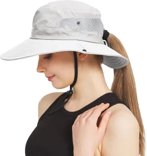 NPQQUAN Ponytail Sun Bucket Hats for Women Men Wide Brim UPF 50  Fishing & Beach Hats