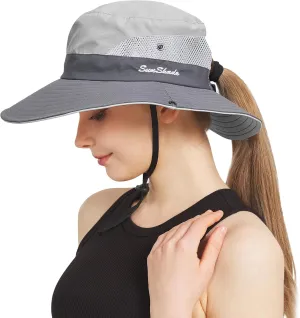 NPQQUAN Ponytail Sun Bucket Hats for Women Men Wide Brim UPF 50  Fishing & Beach Hats