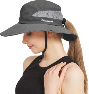NPQQUAN Ponytail Sun Bucket Hats for Women Men Wide Brim UPF 50  Fishing & Beach Hats
