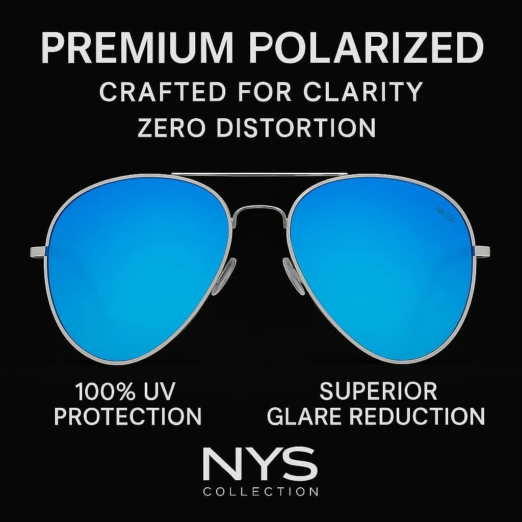 NYS Collection Premium Polarized Classic Aviator Sunglasses, Lightweight Frame, 63mm Lenses, UV400 for Men & Women