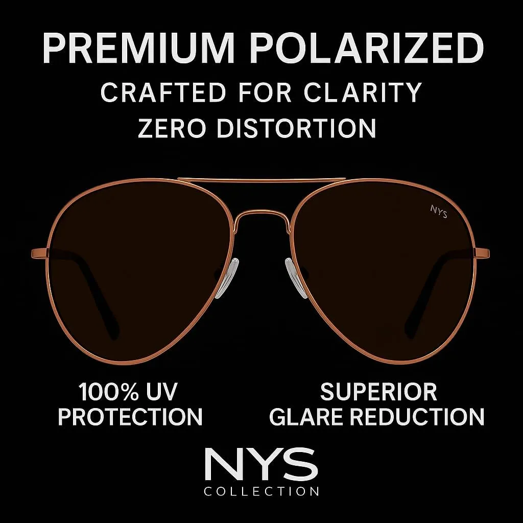 NYS Collection Premium Polarized Classic Aviator Sunglasses, Lightweight Frame, 63mm Lenses, UV400 for Men & Women