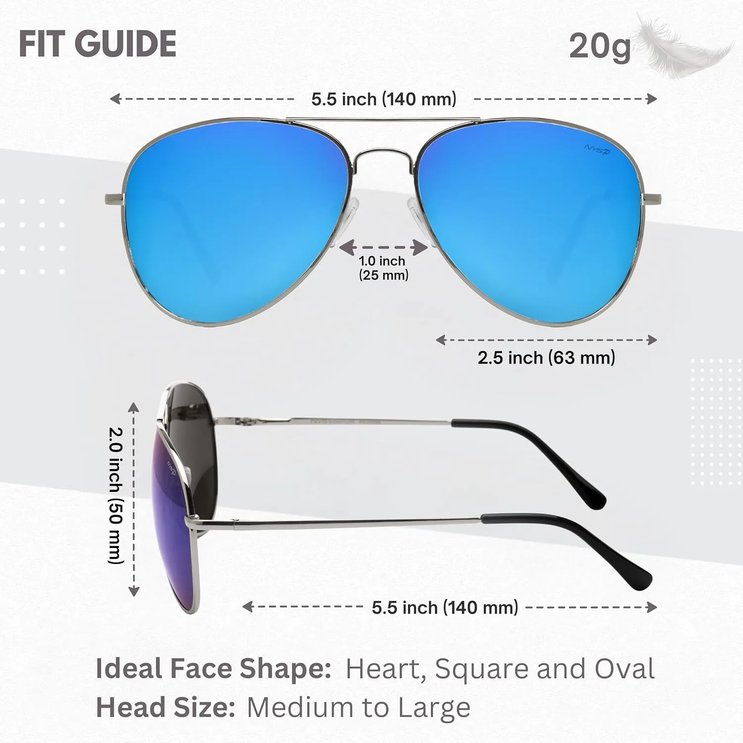 NYS Collection Premium Polarized Classic Aviator Sunglasses, Lightweight Frame, 63mm Lenses, UV400 for Men & Women