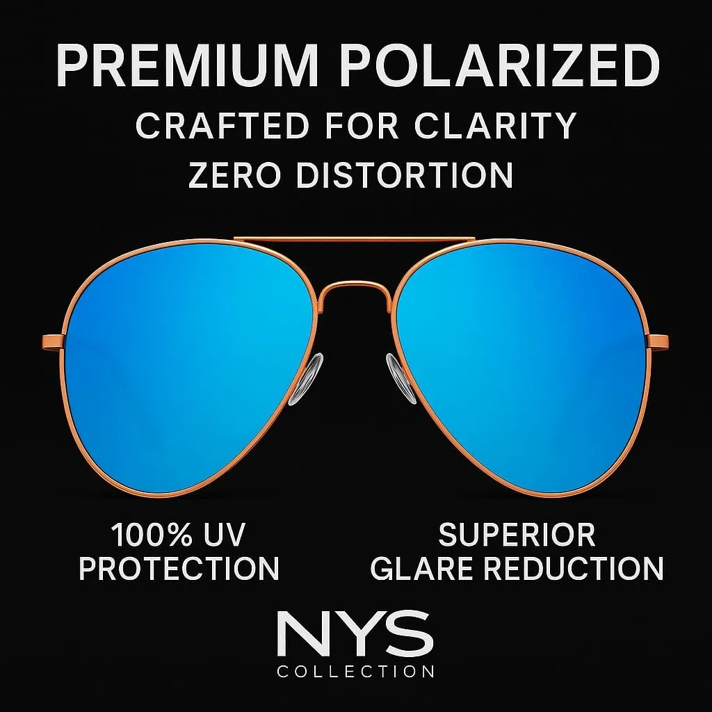 NYS Collection Premium Polarized Classic Aviator Sunglasses, Lightweight Frame, 63mm Lenses, UV400 for Men & Women