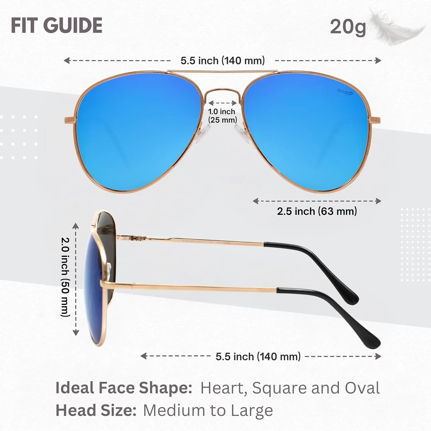 NYS Collection Premium Polarized Classic Aviator Sunglasses, Lightweight Frame, 63mm Lenses, UV400 for Men & Women