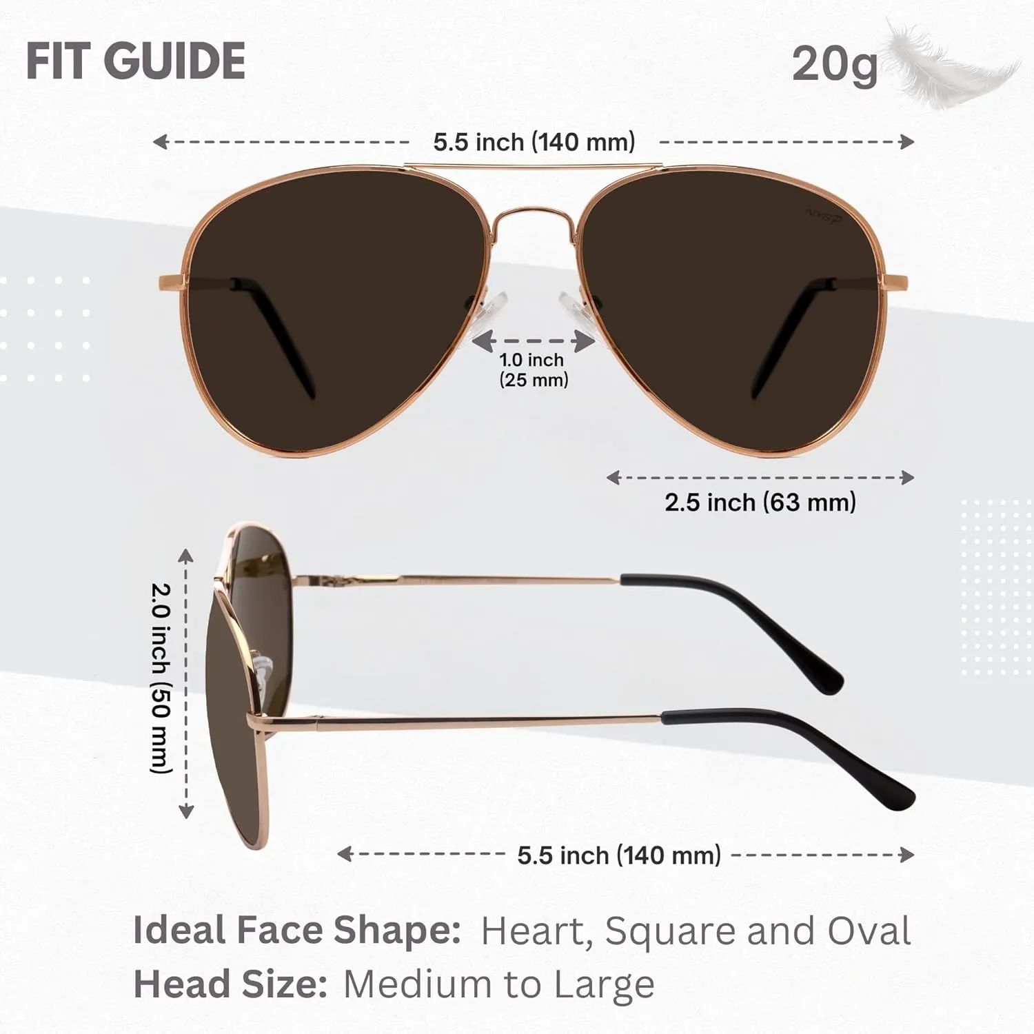 NYS Collection Premium Polarized Classic Aviator Sunglasses, Lightweight Frame, 63mm Lenses, UV400 for Men & Women
