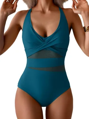 One Piece Swimsuit for Women Tummy Control Sexy Mesh Bathing Suit V Neck Tie Back Swimwear