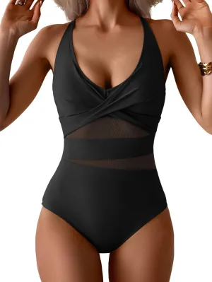 One Piece Swimsuit for Women Tummy Control Sexy Mesh Bathing Suit V Neck Tie Back Swimwear
