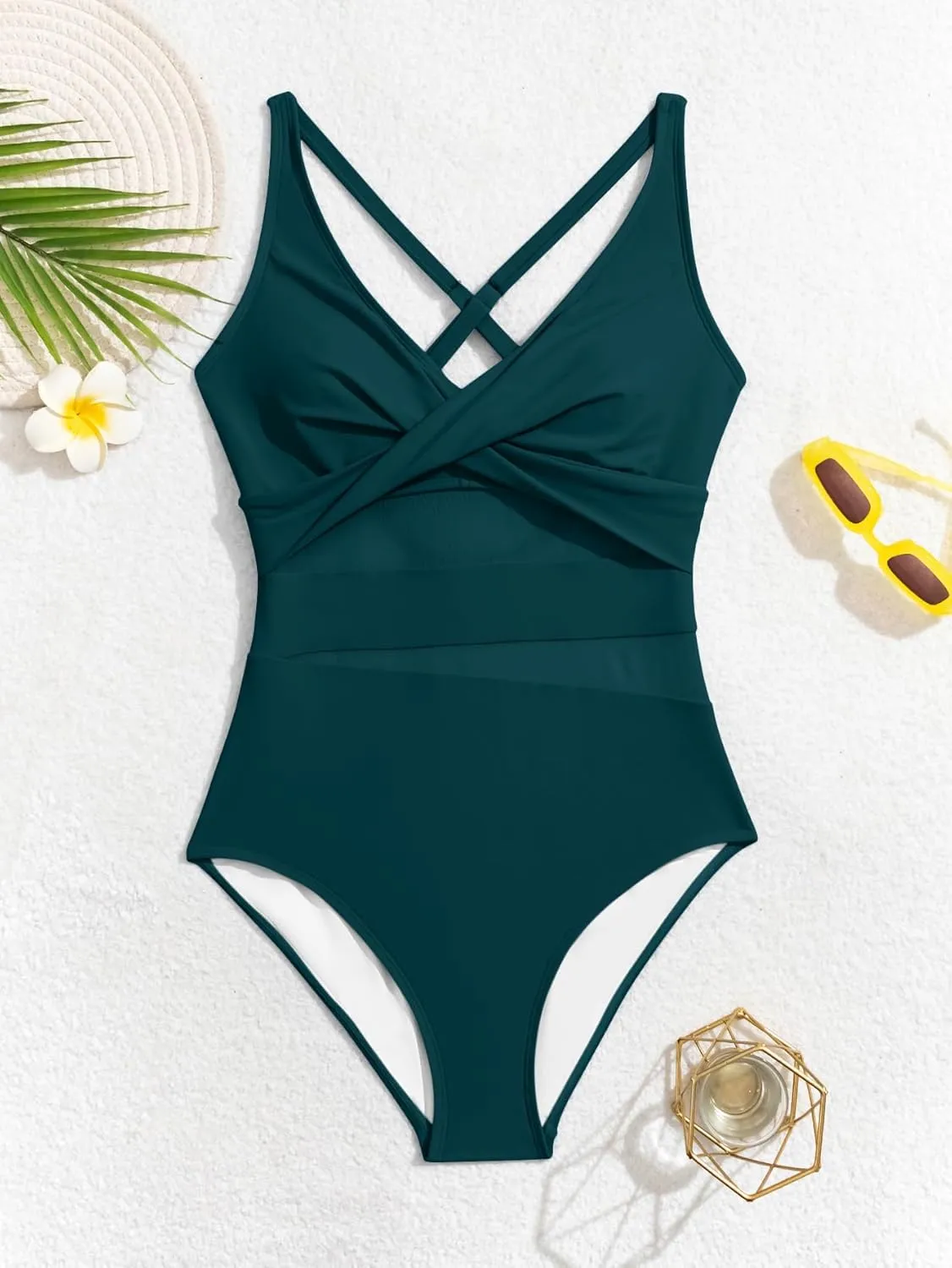 One Piece Swimsuit for Women Tummy Control Sexy Mesh Bathing Suit V Neck Tie Back Swimwear