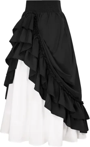 Oplxuo Victorian Maxi Skirt for Women Renaissance Long Double Layered Ruffle Skirts High Waist Gothic Steampunk Skirt