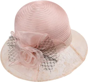 Organza Derby Church Hats for Women Elegant Fascinators Hats Cocktail Tea Party Summer Sun Hat Flowers Wide Brim Hat