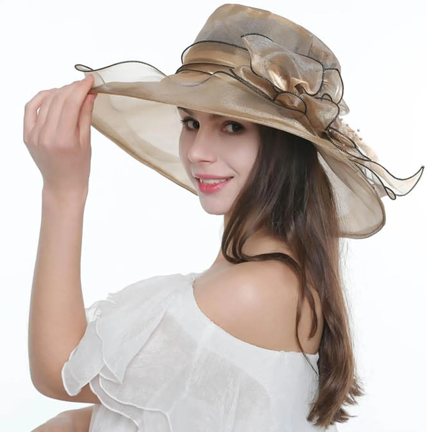 Organza Kentucky Church Fascinator Wedding Tea Cocktail Party Derby Hats for Women Flower Elegant Wide Brim Sun Hat