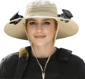 Outdoor Wide Brim Sun Hat with Solar Fan, Solar Fan Fishing Hat with 2 Solar Fan for Women Men, Solar & USB Charging