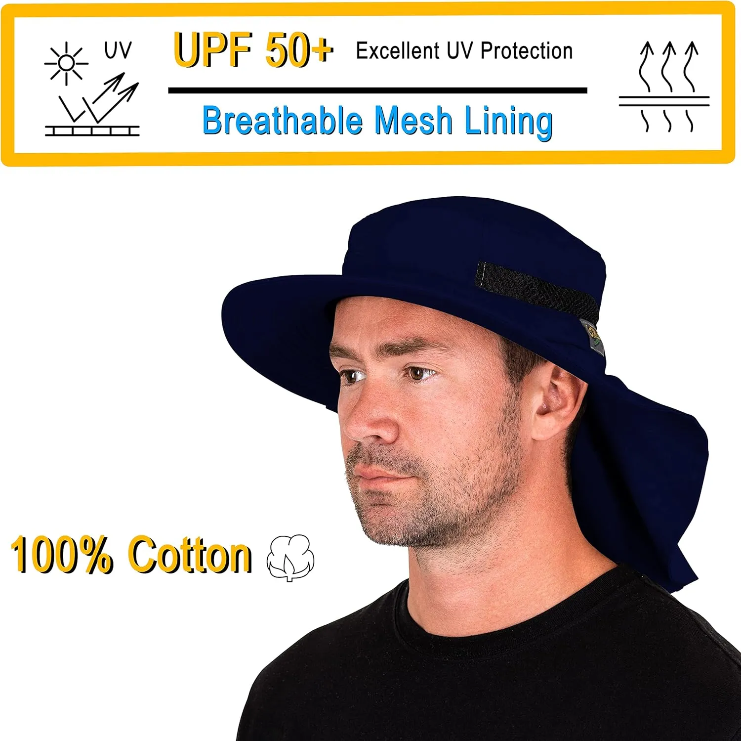 Outdoors Cotton Sun Hat, UPF 50  Wide Brim Fishing Hat with Neck Flap, Breathable, Boonie Hat Bucket Cap