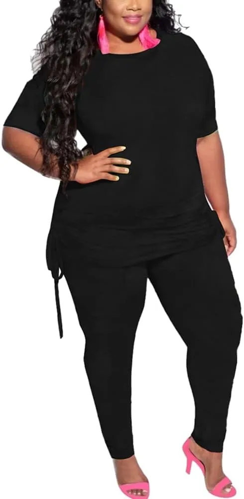 PINSV Women's Plus Size 2 Piece Outfits Sweatsuits Short Sleeve Jogger Sets Tracksuit