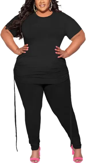 PINSV Women's Plus Size 2 Piece Outfits Sweatsuits Short Sleeve Jogger Sets Tracksuit