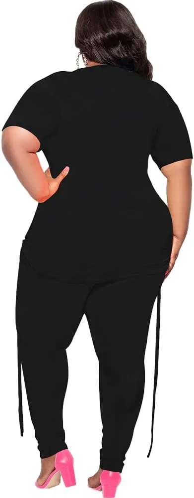 PINSV Women's Plus Size 2 Piece Outfits Sweatsuits Short Sleeve Jogger Sets Tracksuit