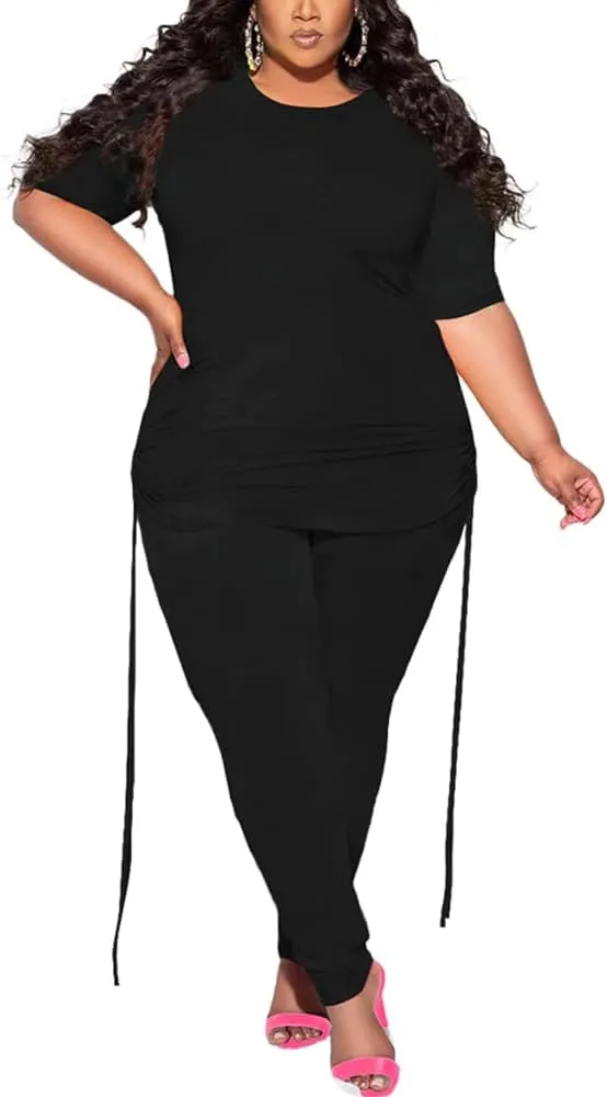 PINSV Women's Plus Size 2 Piece Outfits Sweatsuits Short Sleeve Jogger Sets Tracksuit