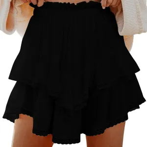 Pleated Mini Skirts for Women High Waisted Elastic Skirt Layered Ruffle Hem Skirts Flowy Tiered Flared Skirt