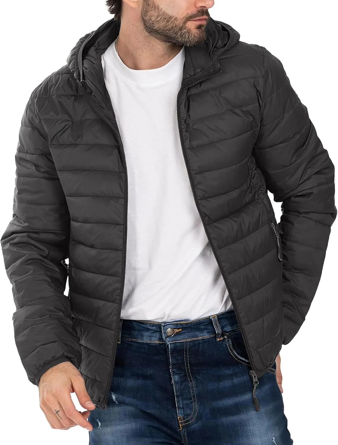 Polu Men's Puffer Jacket with Hood Lightweight Windproof Water-Resistant Winter Down Jacket For Outdoor Hiking Camping