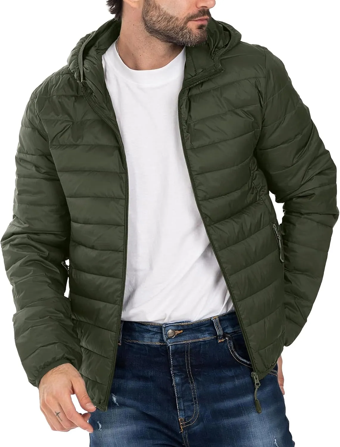 Polu Men's Puffer Jacket with Hood Lightweight Windproof Water-Resistant Winter Down Jacket For Outdoor Hiking Camping