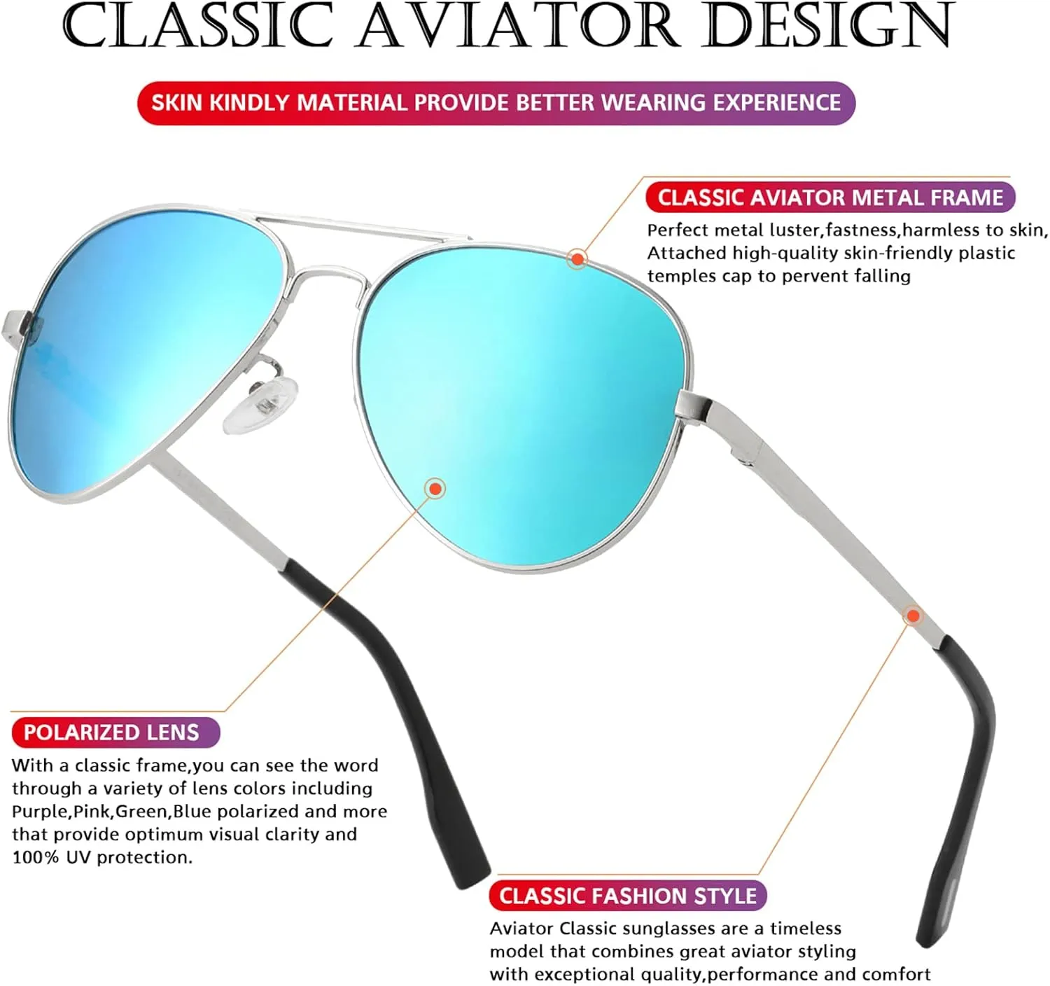 PORADAY Polarized Aviator Sunglasses for Men Women Metal Frame 100% UV400 Protection Lens, 58mm