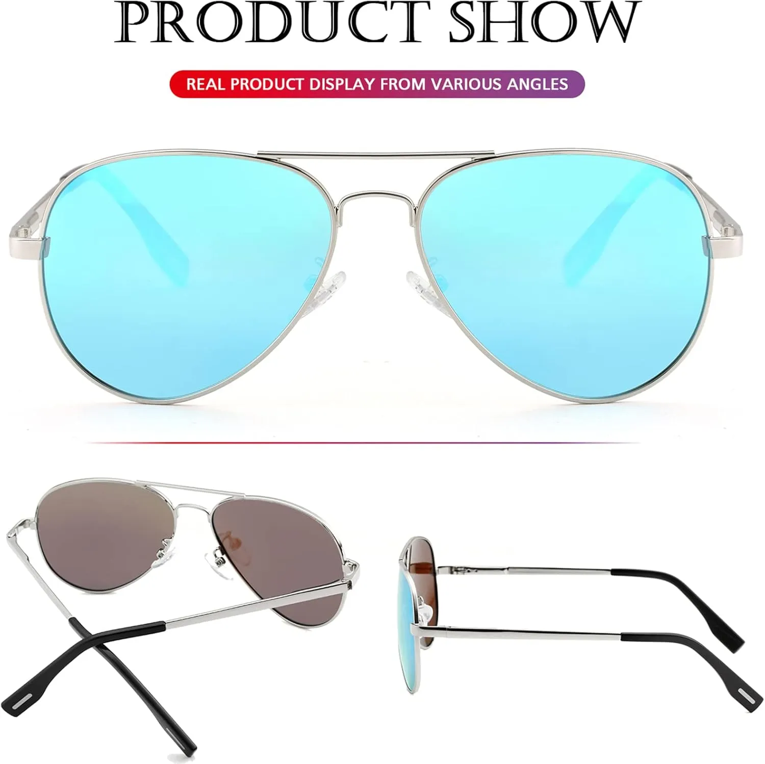 PORADAY Polarized Aviator Sunglasses for Men Women Metal Frame 100% UV400 Protection Lens, 58mm