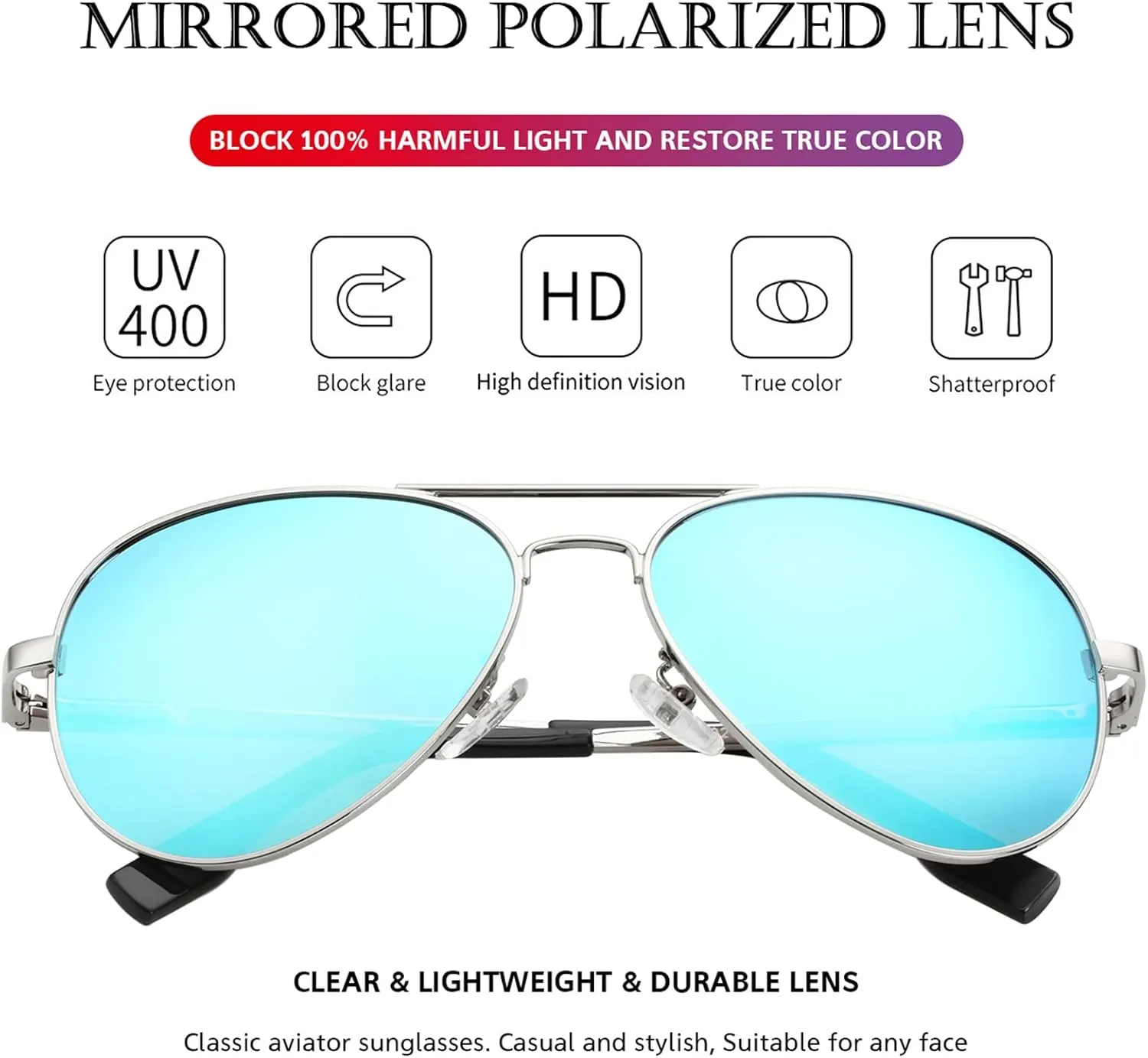 PORADAY Polarized Aviator Sunglasses for Men Women Metal Frame 100% UV400 Protection Lens, 58mm