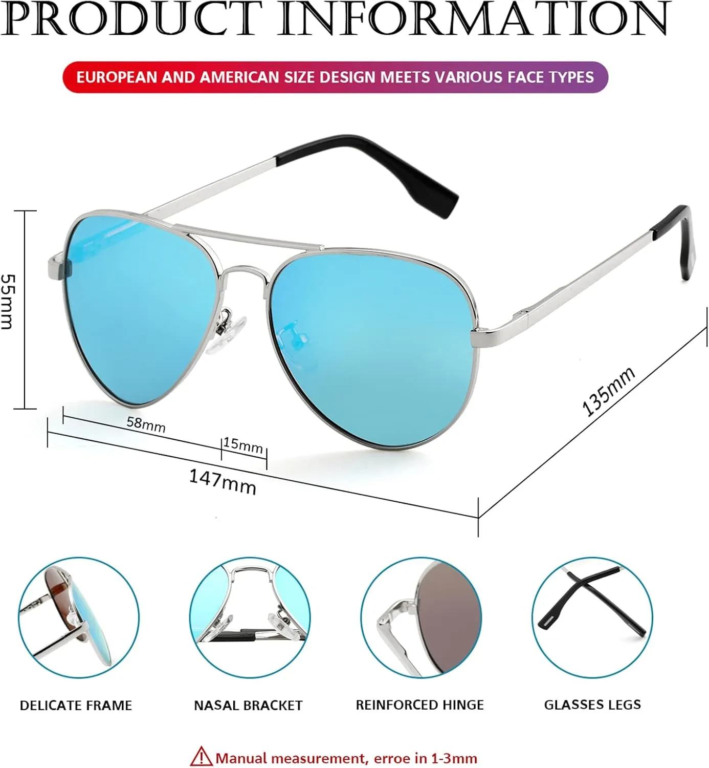 PORADAY Polarized Aviator Sunglasses for Men Women Metal Frame 100% UV400 Protection Lens, 58mm