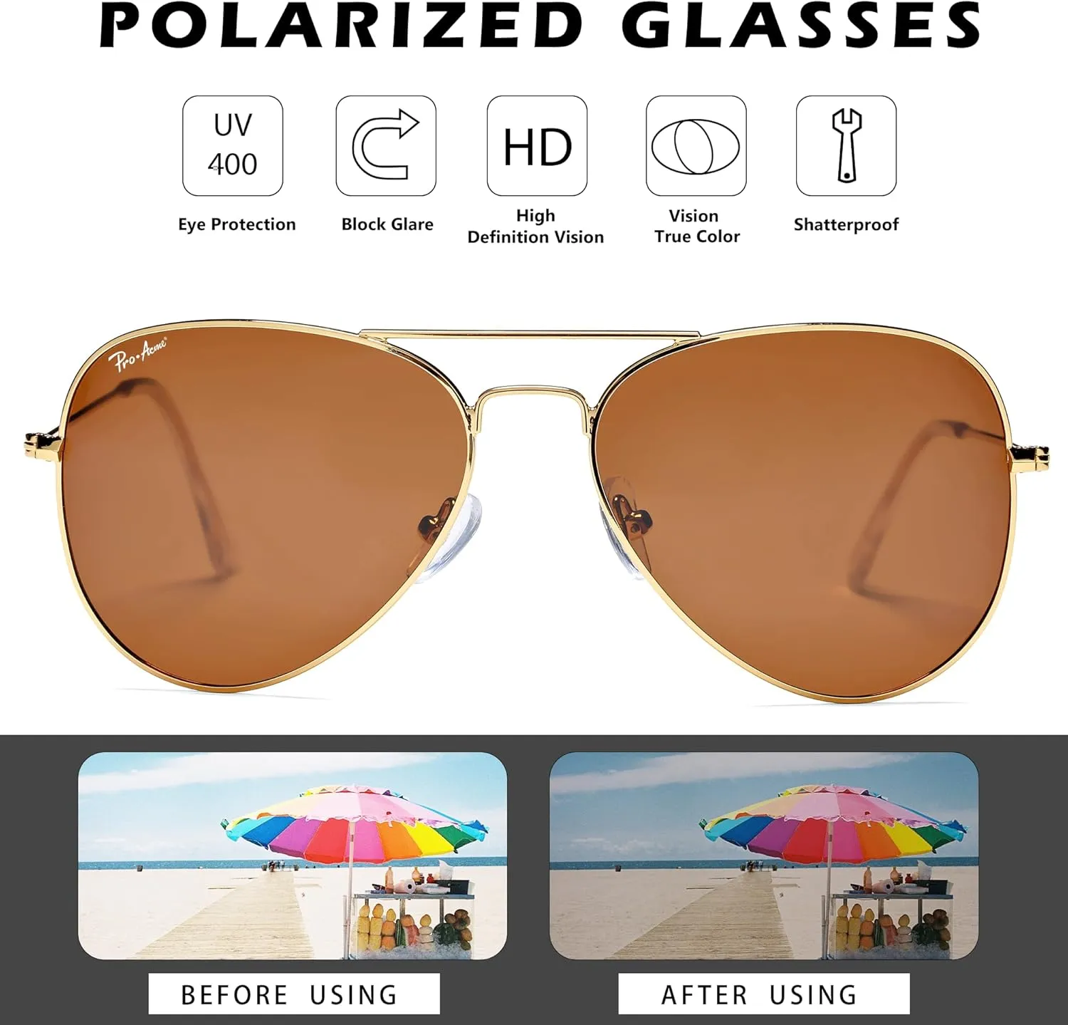 Pro Acme Classic Polarized Aviator Sunglasses for Women Men, Lightweight Metal Pilot Frame UV400 Protection 58MM