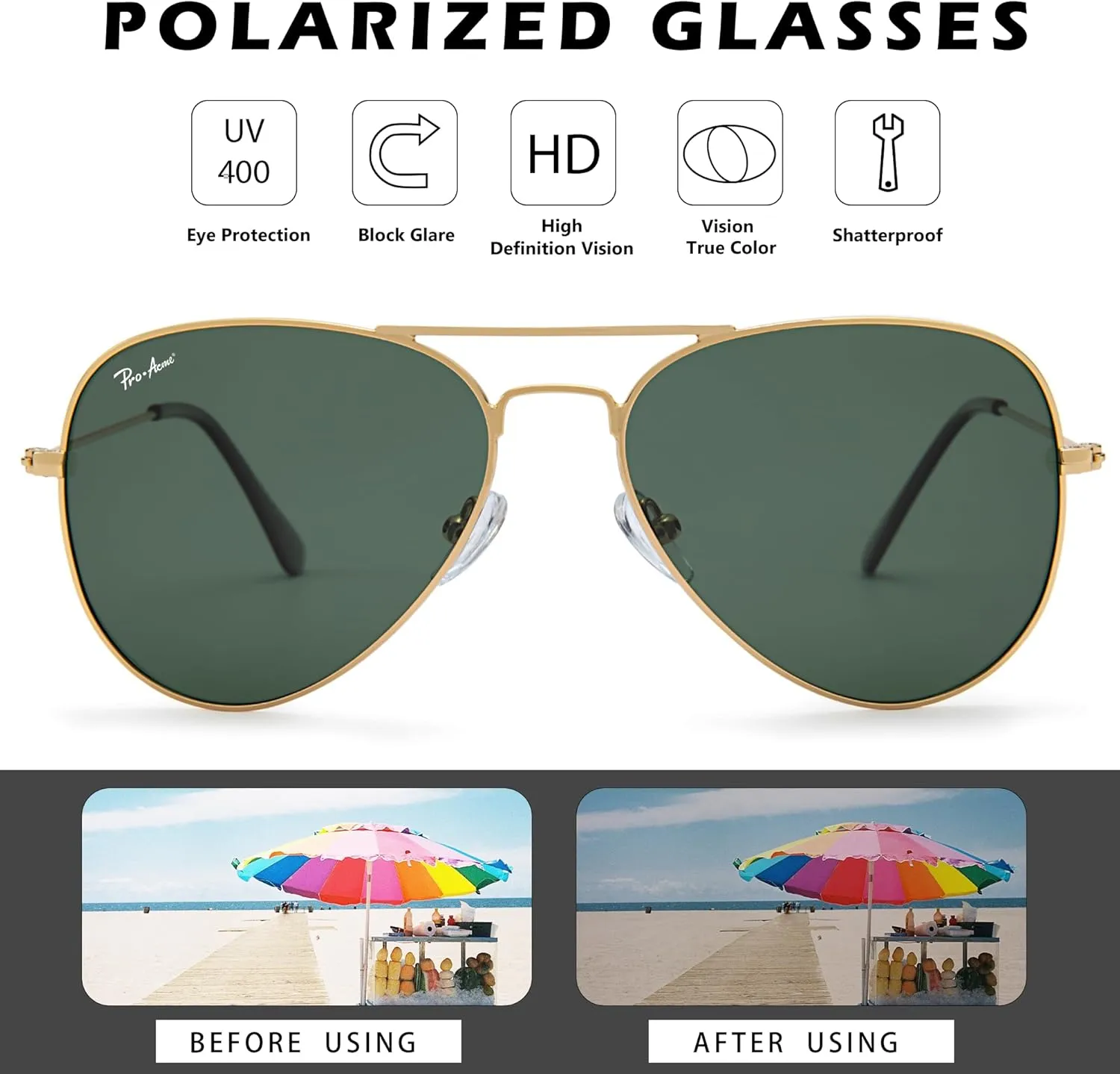 Pro Acme Classic Polarized Aviator Sunglasses for Women Men, Lightweight Metal Pilot Frame UV400 Protection 58MM