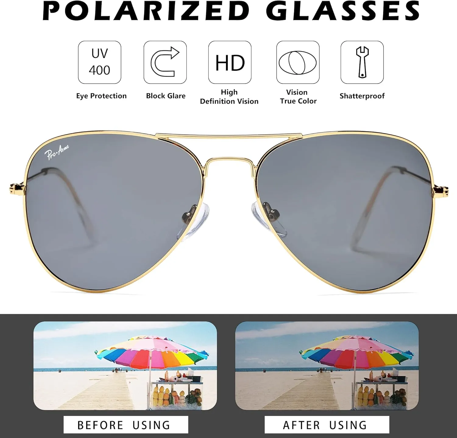 Pro Acme Classic Polarized Aviator Sunglasses for Women Men, Lightweight Metal Pilot Frame UV400 Protection 58MM
