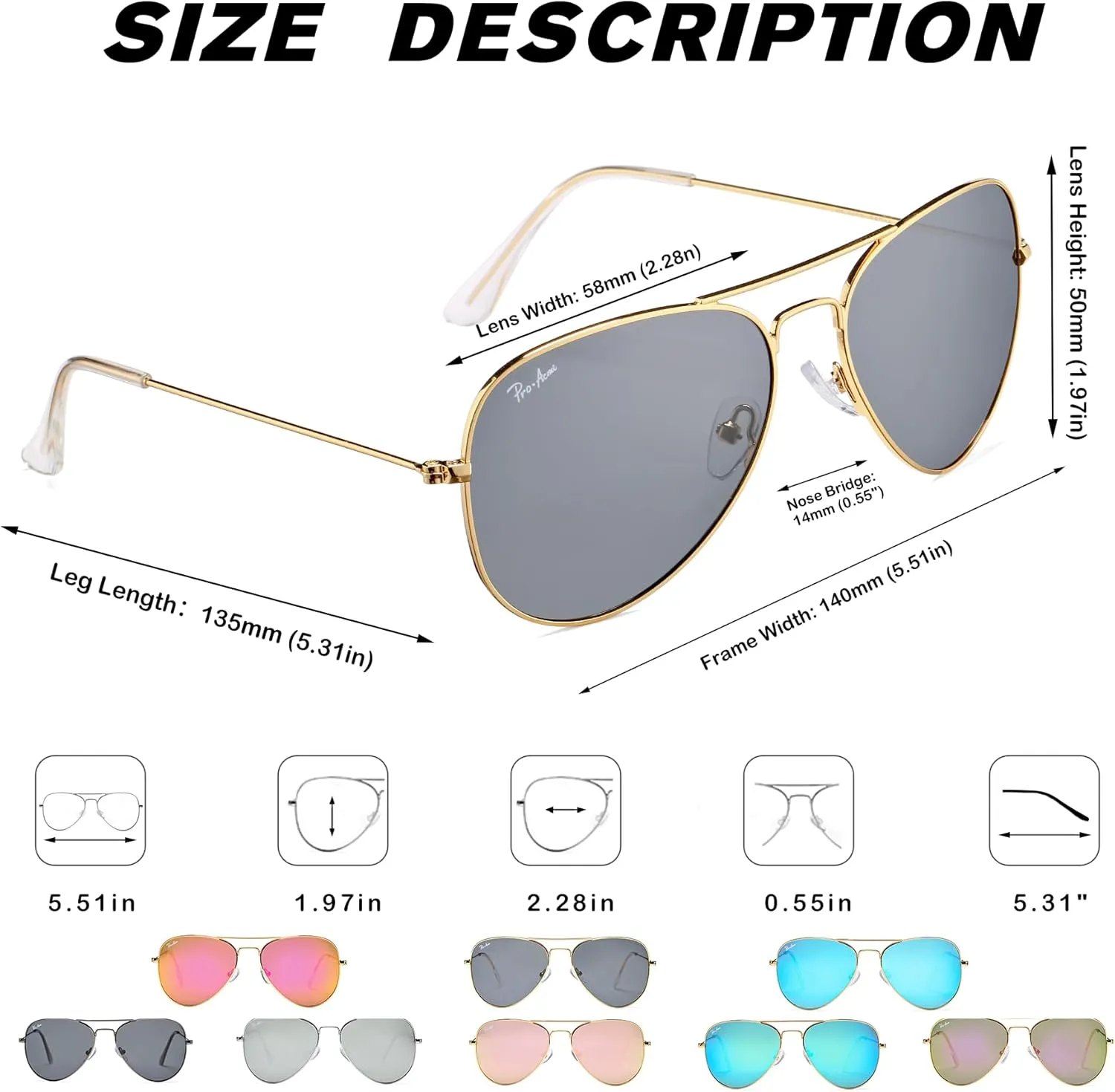 Pro Acme Classic Polarized Aviator Sunglasses for Women Men, Lightweight Metal Pilot Frame UV400 Protection 58MM