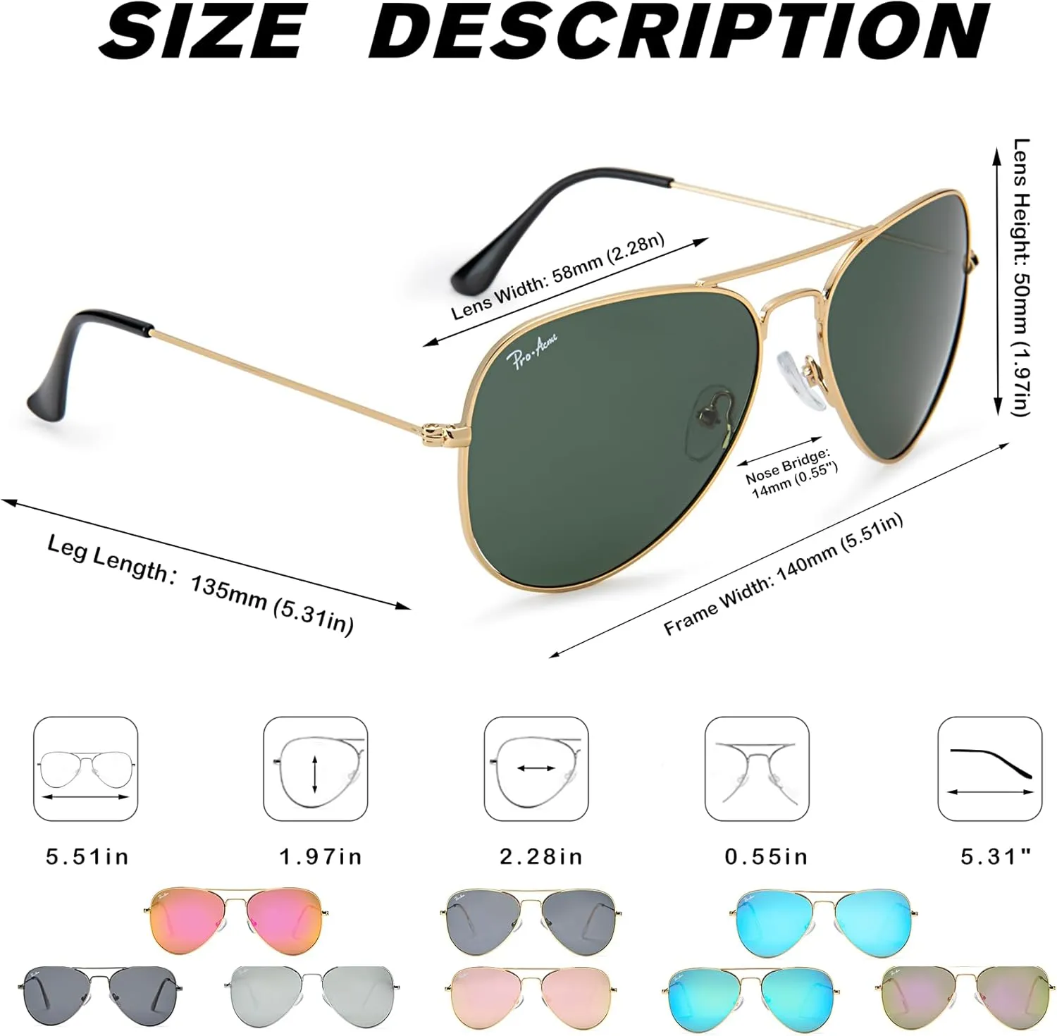 Pro Acme Classic Polarized Aviator Sunglasses for Women Men, Lightweight Metal Pilot Frame UV400 Protection 58MM
