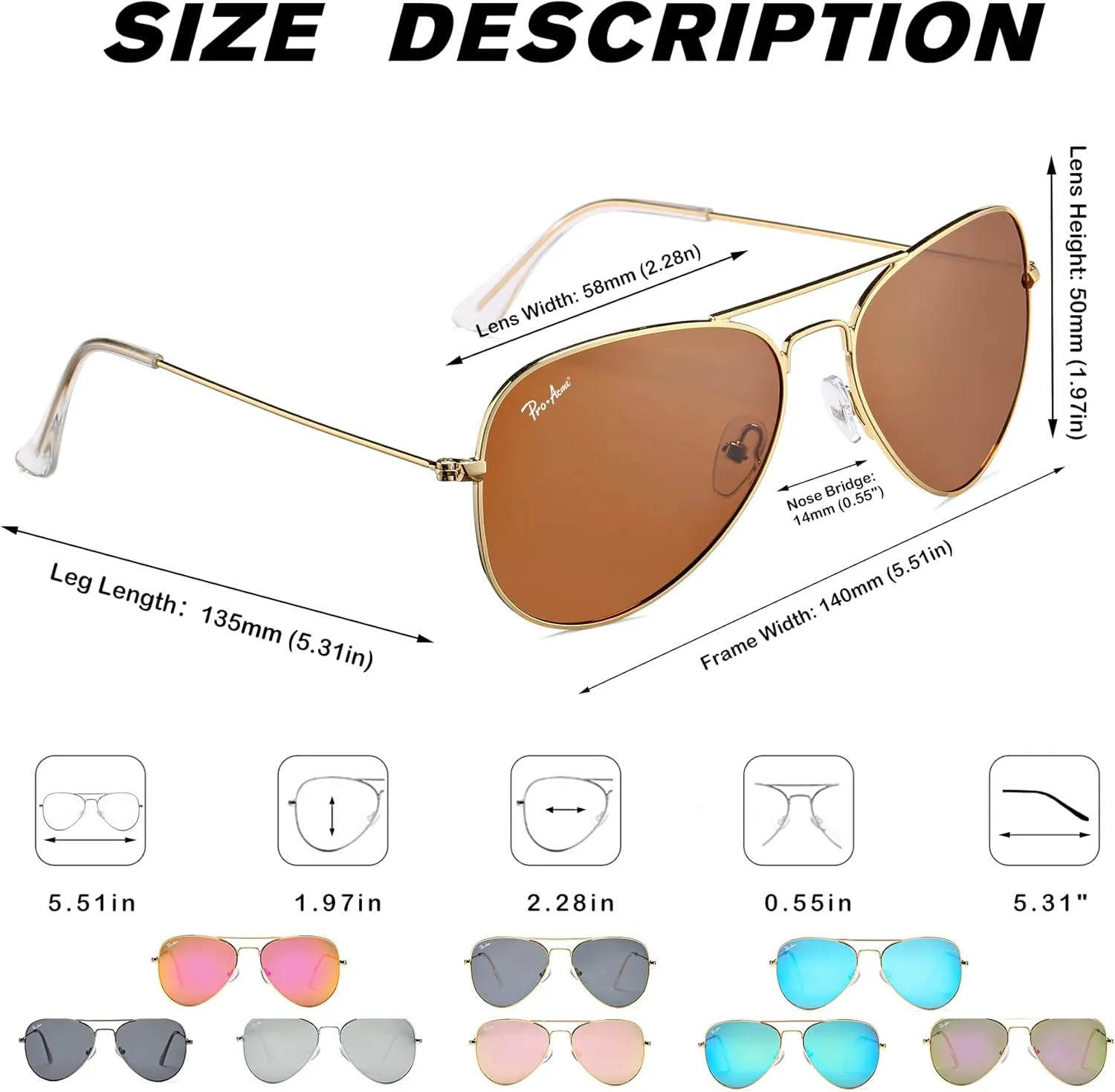 Pro Acme Classic Polarized Aviator Sunglasses for Women Men, Lightweight Metal Pilot Frame UV400 Protection 58MM