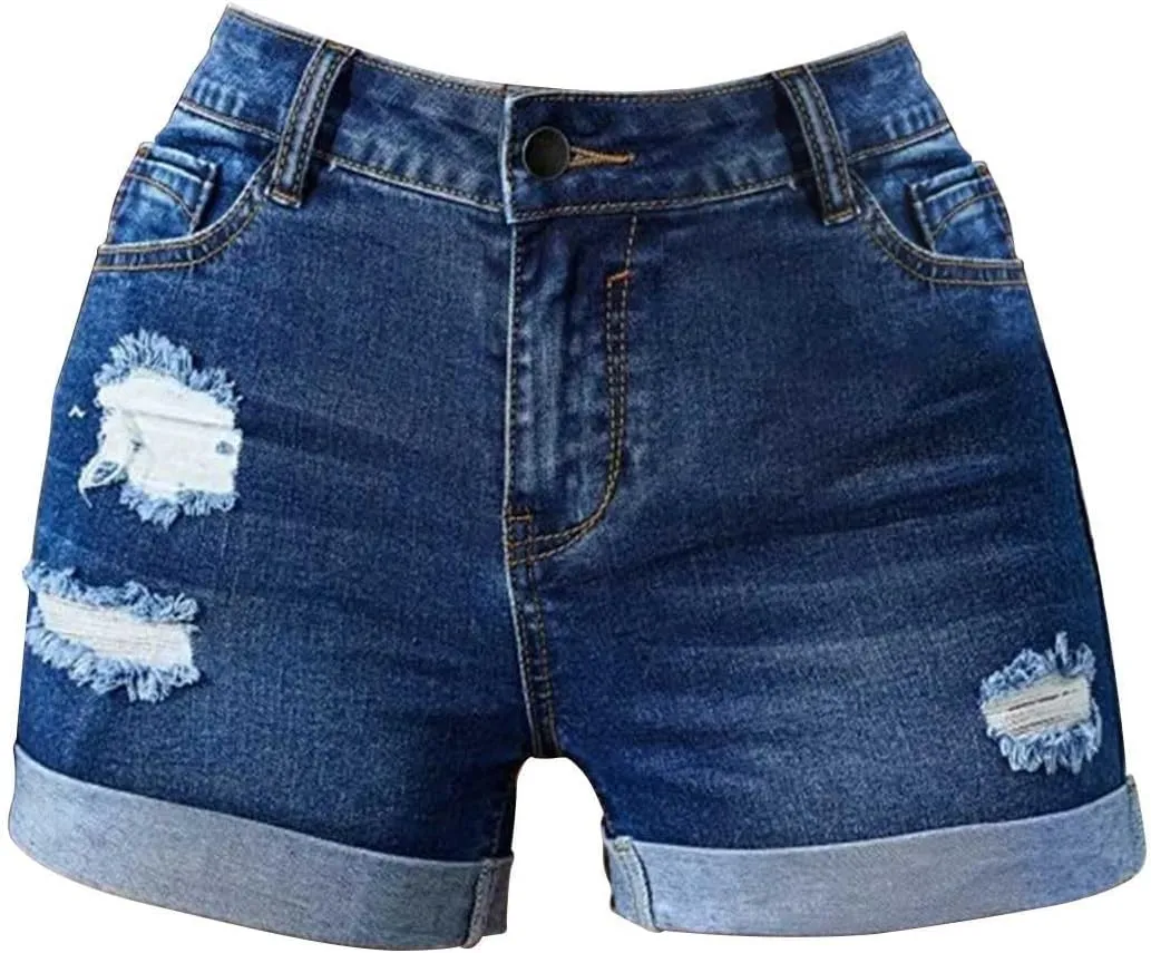 Ripped Denim Shorts Womens Jean Shorts Stretchy High Waisted Jeans Shorts with Pockets Trendy Distressed Cut Off Shorts