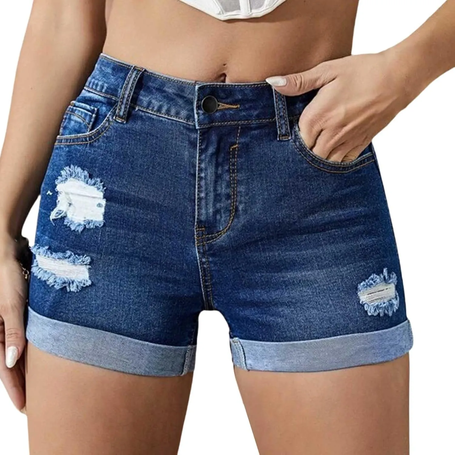Ripped Denim Shorts Womens Jean Shorts Stretchy High Waisted Jeans Shorts with Pockets Trendy Distressed Cut Off Shorts