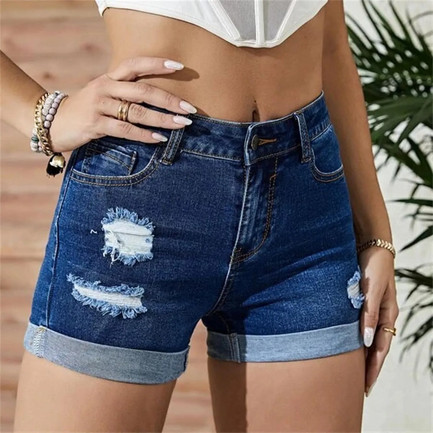 Ripped Denim Shorts Womens Jean Shorts Stretchy High Waisted Jeans Shorts with Pockets Trendy Distressed Cut Off Shorts