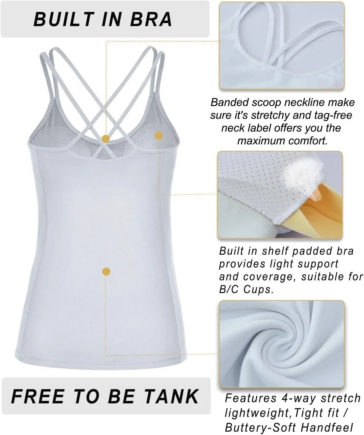 RUNNING GIRL Yoga Tank Tops for Women Built in Shelf Bra B/C Cups Strappy Back Activewear Workout Compression Tops