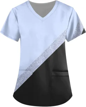 Scrubs for Women Short Sleeve Printing Scrubs Tops V Neck Working T-Shirts Soft Stretch Blouses with Pockets