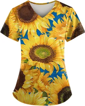Scrubs Women Short Sleeve Floral Printed Scrubs Tops V Neck Working T-Shirts Soft Stretch Blouses with Pocket