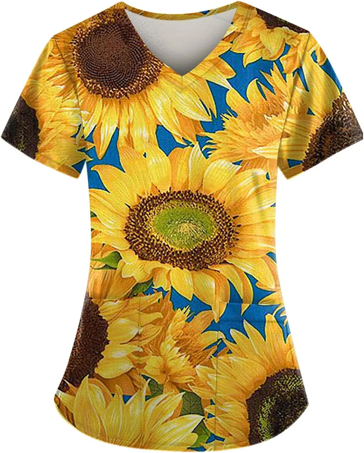 Scrubs Women Short Sleeve Floral Printed Scrubs Tops V Neck Working T-Shirts Soft Stretch Blouses with Pocket